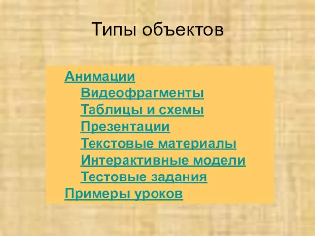 Типы объектов Анимации Видеофрагменты Таблицы и схемы Презентации Текстовые материалы Интерактивные модели Тестовые задания Примеры уроков