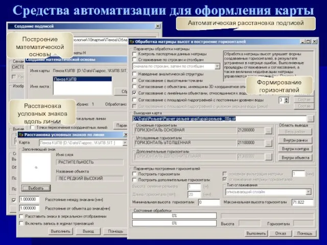 Средства автоматизации для оформления карты Автоматическая расстановка подписей Построение математической основы Расстановка