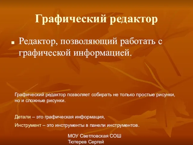 МОУ Светловская СОШ Тютерев Сергей Александрович Графический редактор Редактор, позволяющий работать с