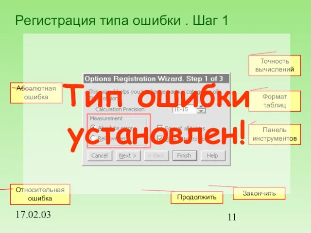 17.02.03 Регистрация типа ошибки . Шаг 1 Точность вычислений Формат таблиц Панель