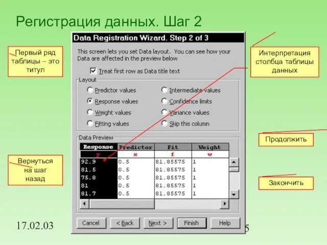 17.02.03 Регистрация данных. Шаг 2 Первый ряд таблицы – это титул Закончить