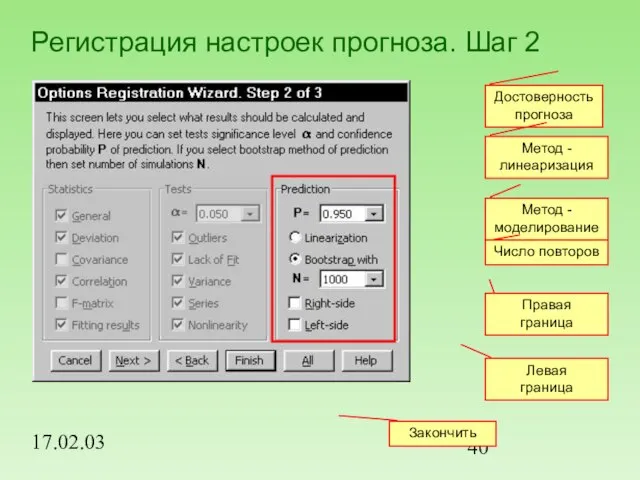 17.02.03 Регистрация настроек прогноза. Шаг 2 Достоверность прогноза Метод - линеаризация Правая граница Левая граница Закончить