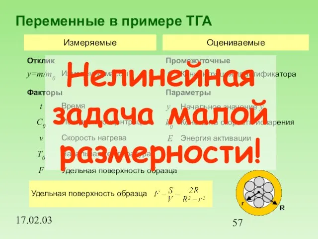 17.02.03 Переменные в примере ТГА Удельная поверхность образца Нелинейная задача малой размерности!