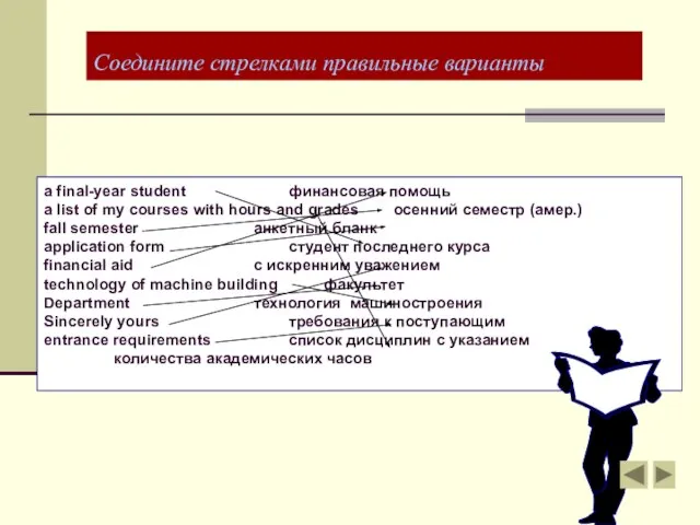 Соедините стрелками правильные варианты a final-year student финансовая помощь a list of