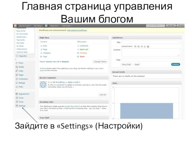 Главная страница управления Вашим блогом Зайдите в «Settings» (Настройки)