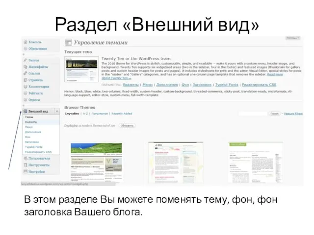 Раздел «Внешний вид» В этом разделе Вы можете поменять тему, фон, фон заголовка Вашего блога.