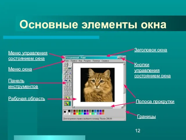 Основные элементы окна Заголовок окна Кнопки управления состоянием окна Полоса прокрутки Меню