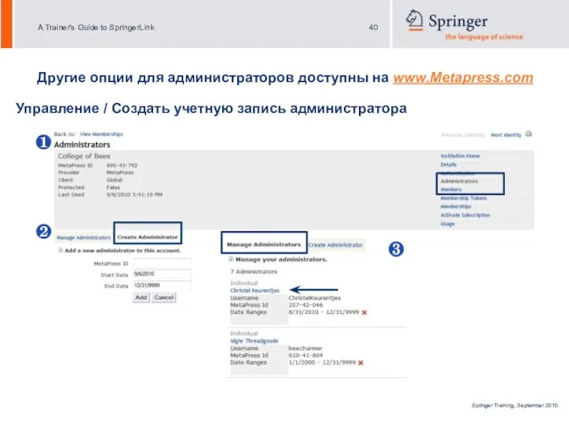Другие опции для администраторов доступны на www.Metapress.com ❶ ❷ Управление / Создать учетную запись администратора ❸