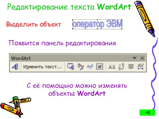 Редактирование текста WordArt Выделить объект Появится панель редактирования С её помощью можно изменять объекты WordArt