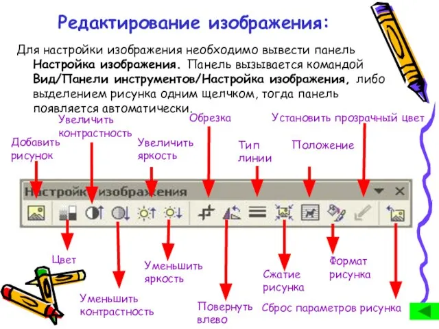 Редактирование изображения: Для настройки изображения необходимо вывести панель Настройка изображения. Панель вызывается