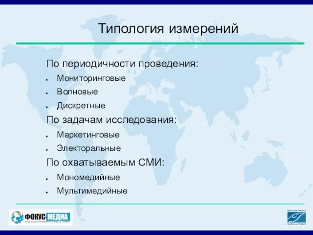 Типология измерений По периодичности проведения: Мониторинговые Волновые Дискретные По задачам исследования: Маркетинговые