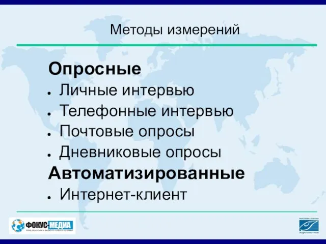 Методы измерений Опросные Личные интервью Телефонные интервью Почтовые опросы Дневниковые опросы Автоматизированные Интернет-клиент