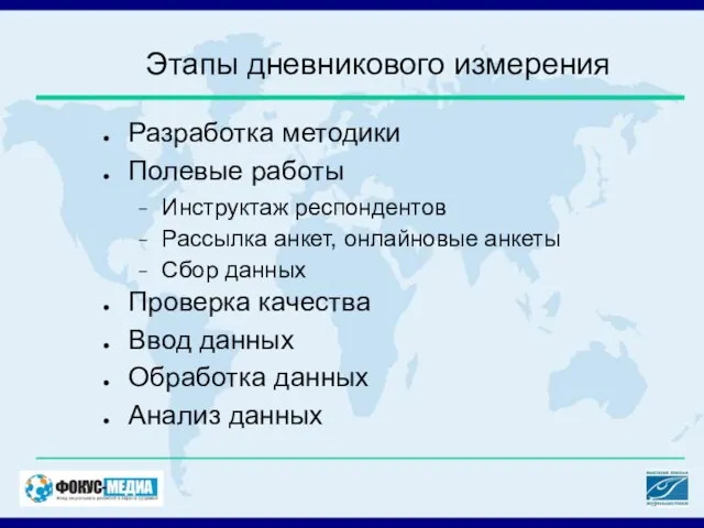 Этапы дневникового измерения Разработка методики Полевые работы Инструктаж респондентов Рассылка анкет, онлайновые