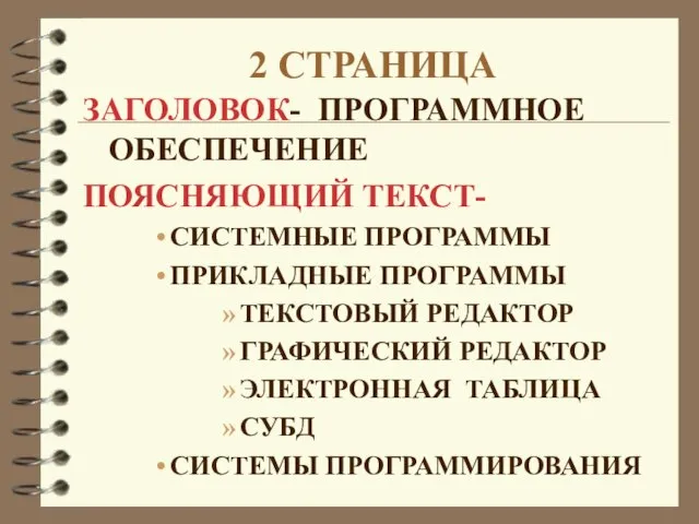 2 СТРАНИЦА ЗАГОЛОВОК- ПРОГРАММНОЕ ОБЕСПЕЧЕНИЕ ПОЯСНЯЮЩИЙ ТЕКСТ- СИСТЕМНЫЕ ПРОГРАММЫ ПРИКЛАДНЫЕ ПРОГРАММЫ ТЕКСТОВЫЙ