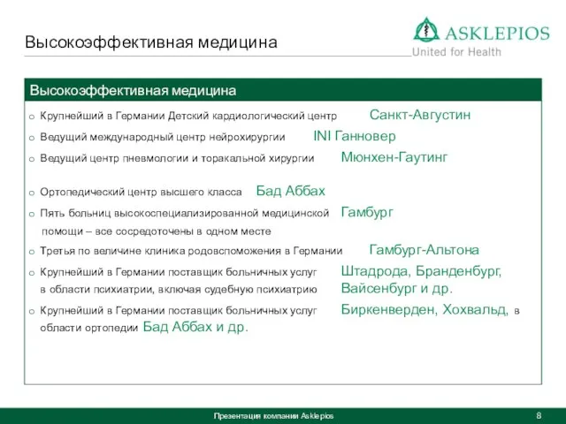 Презентация компании Asklepios Высокоэффективная медицина Высокоэффективная медицина Крупнейший в Германии Детский кардиологический