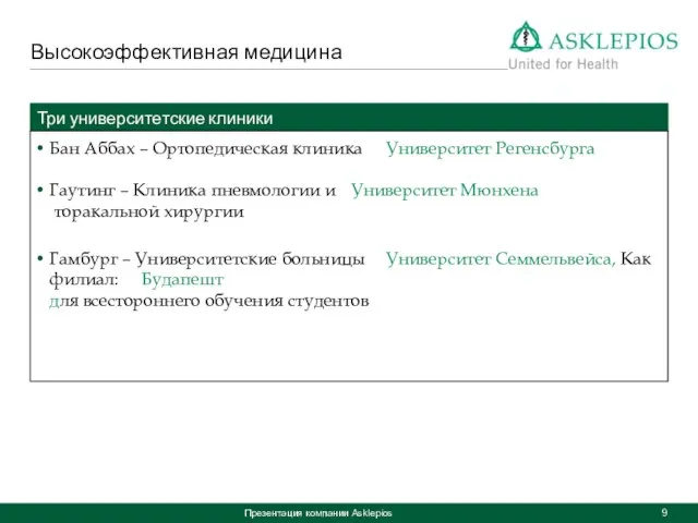 Презентация компании Asklepios Высокоэффективная медицина Три университетские клиники Бан Аббах – Ортопедическая