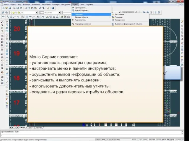 Меню “Сервис” Меню Сервис позволяет: - устанавливать параметры программы; - настраивать меню