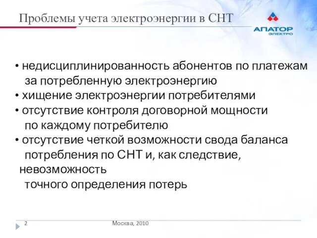 Проблемы учета электроэнергии в СНТ Москва, 2010 недисциплинированность абонентов по платежам за