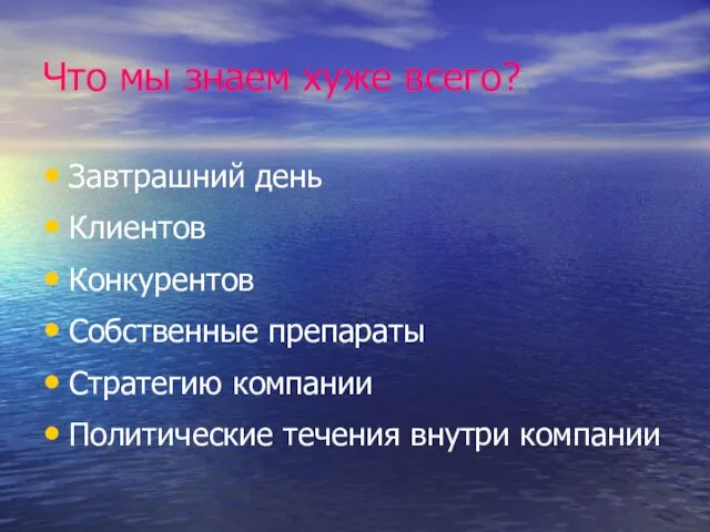 Что мы знаем хуже всего? Завтрашний день Клиентов Конкурентов Собственные препараты Стратегию