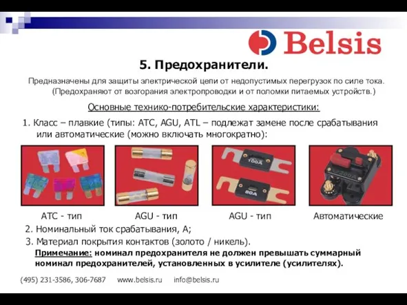 (495) 231-3586, 306-7687 www.belsis.ru info@belsis.ru 5. Предохранители. Основные технико-потребительские характеристики: 1. Класс