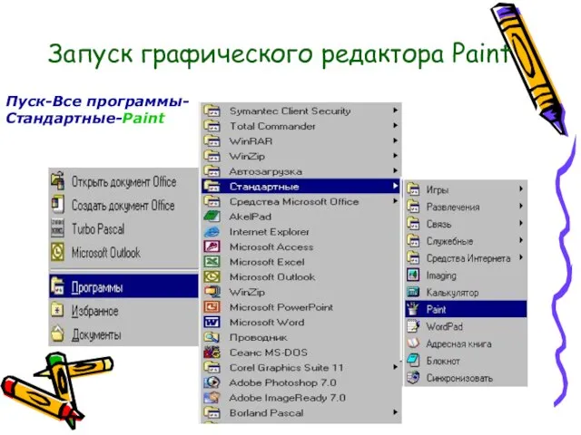 Запуск графического редактора Paint Пуск-Все программы-Стандартные-Paint