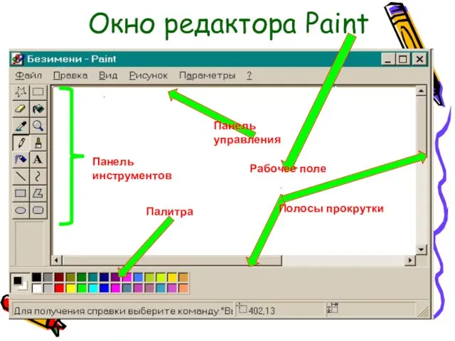 Окно редактора Paint Палитра Панель инструментов Панель управления Рабочее поле Полосы прокрутки