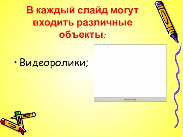 В каждый слайд могут входить различные объекты: Видеоролики;