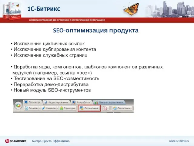 SEO-оптимизация продукта Исключение цикличных ссылок Исключение дублирования контента Исключение служебных страниц Доработка