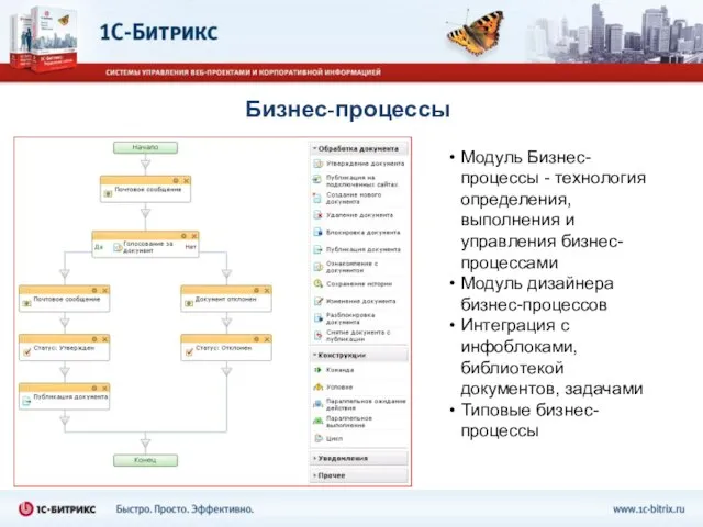 Бизнес-процессы Модуль Бизнес-процессы - технология определения, выполнения и управления бизнес-процессами Модуль дизайнера