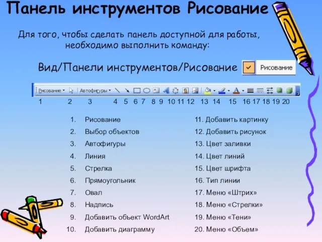 Панель инструментов Рисование Для того, чтобы сделать панель доступной для работы, необходимо