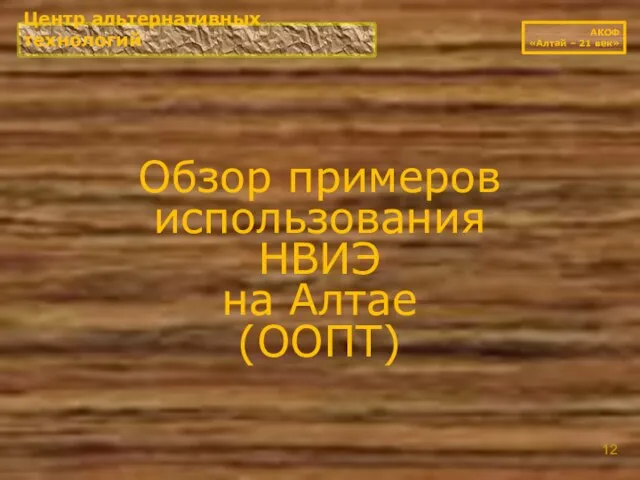 Обзор примеров использования НВИЭ на Алтае (ООПТ) Центр альтернативных технологий АКОФ «Алтай – 21 век»