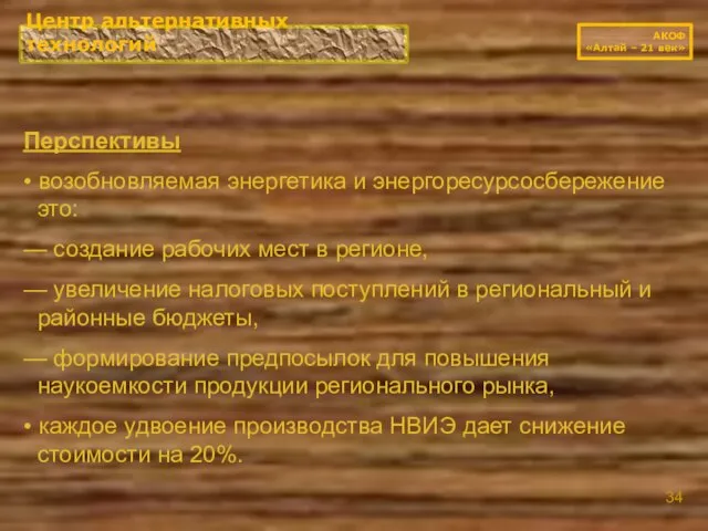 Центр альтернативных технологий АКОФ «Алтай – 21 век» Перспективы • возобновляемая энергетика