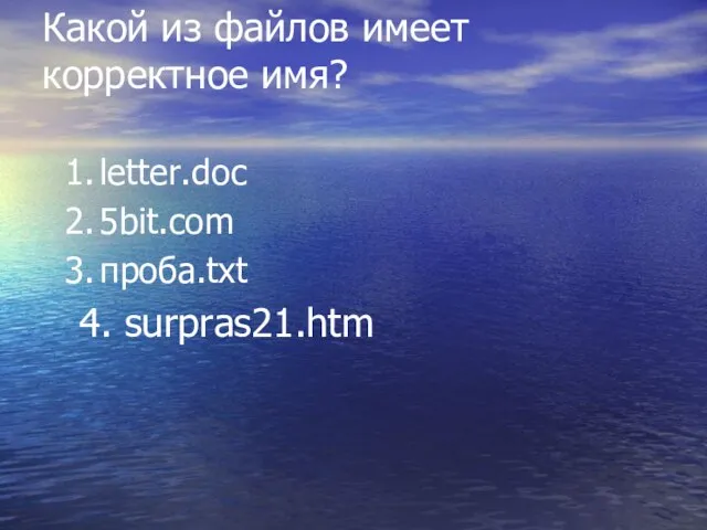 Какой из файлов имеет корректное имя? letter.doc 5bit.com проба.txt 4. surpras21.htm