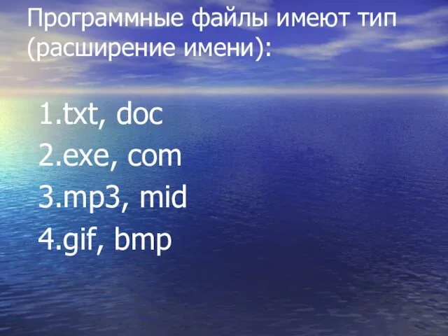 Программные файлы имеют тип (расширение имени): txt, doc exe, com mp3, mid gif, bmp
