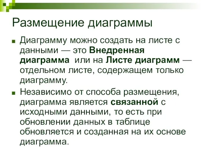 Размещение диаграммы Диаграмму можно создать на листе с данными — это Внедренная