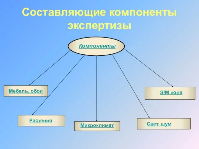 Составляющие компоненты экспертизы Компоненты Микроклимат Э/М поля Свет, шум Растения Мебель, обои