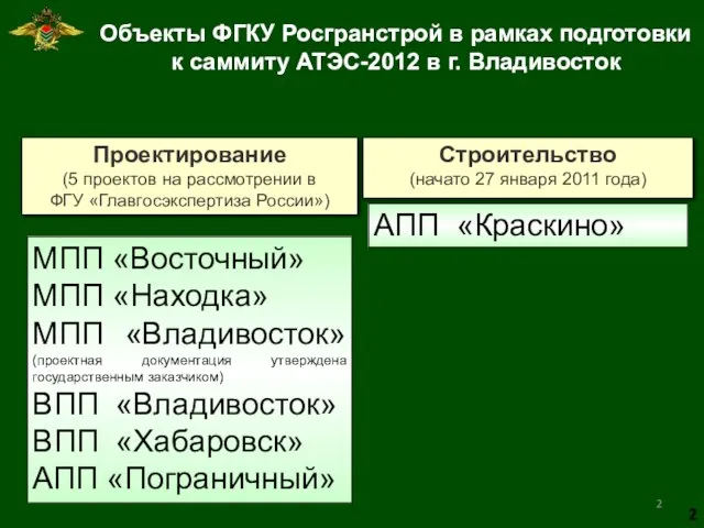 Объекты ФГКУ Росгранстрой в рамках подготовки к саммиту АТЭС-2012 в г. Владивосток