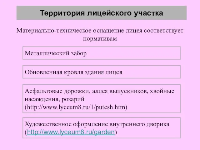 Территория лицейского участка Металлический забор Асфальтовые дорожки, аллея выпускников, хвойные насаждения, розарий