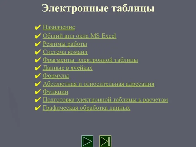 Электронные таблицы Назначение Общий вид окна MS Excel Режимы работы Система команд