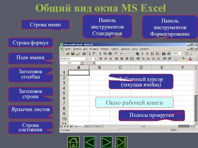 Общий вид окна MS Excel Строка меню Строка формул Заголовок строки Ярлычки