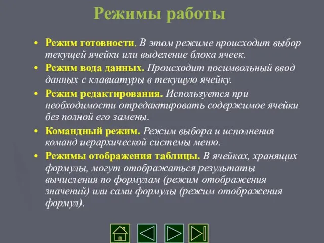 Режимы работы Режим готовности. В этом режиме происходит выбор текущей ячейки или