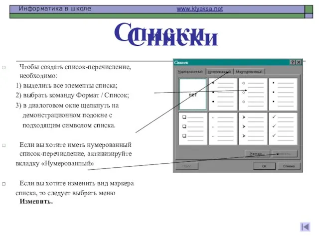 Списки Чтобы создать список-перечисление, необходимо: 1) выделить все элементы списка; 2) выбрать