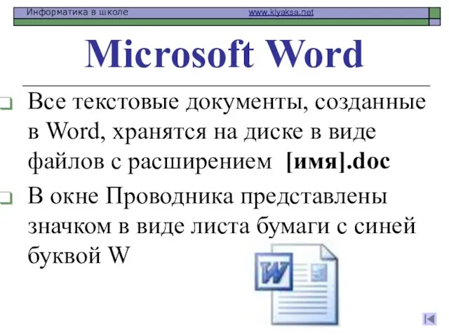 Microsoft Word Все текстовые документы, созданные в Word, хранятся на диске в