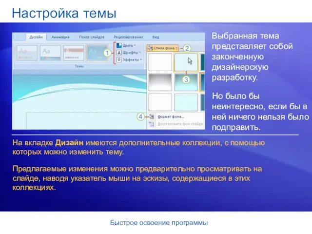 Быстрое освоение программы Настройка темы Выбранная тема представляет собой законченную дизайнерскую разработку.