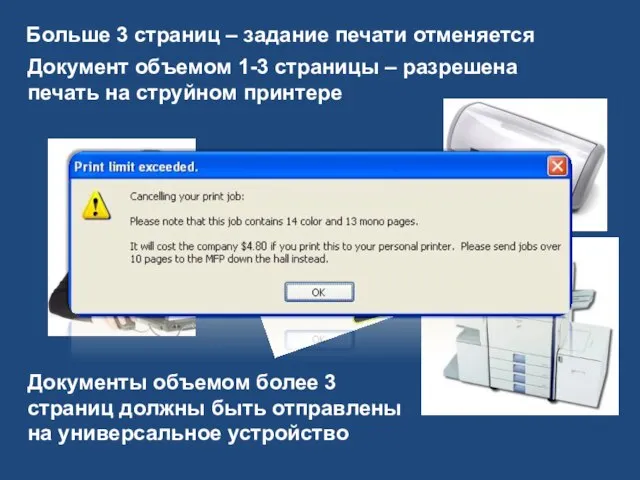 Документ объемом 1-3 страницы – разрешена печать на струйном принтере Больше 3