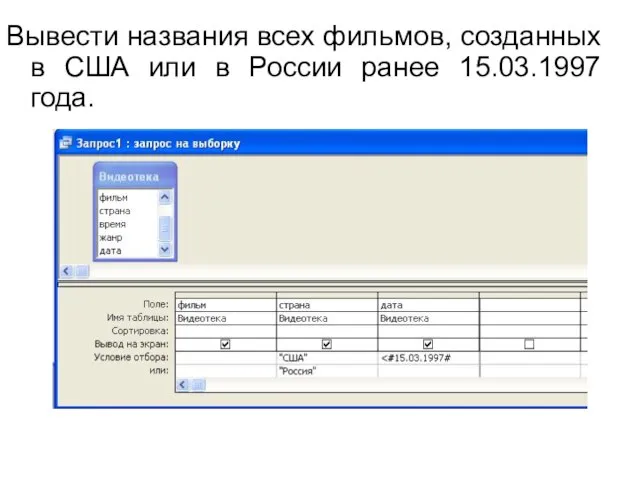 Вывести названия всех фильмов, созданных в США или в России ранее 15.03.1997 года.