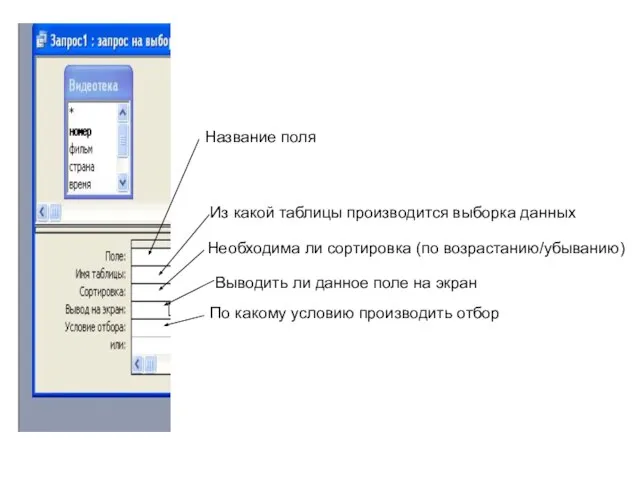 Название поля Из какой таблицы производится выборка данных Необходима ли сортировка (по