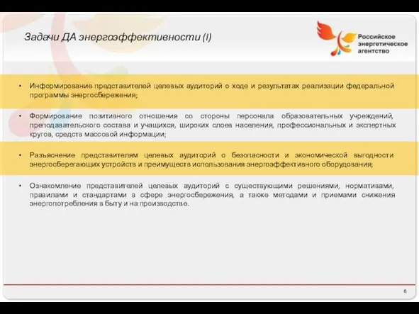 Задачи ДА энергоэффективности (I) Информирование представителей целевых аудиторий о ходе и результатах