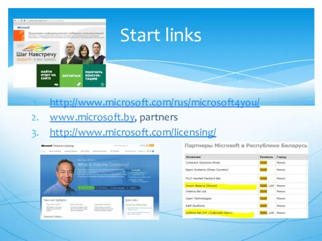 http://www.microsoft.com/rus/microsoft4you/ www.microsoft.by, partners http://www.microsoft.com/licensing/ Start links