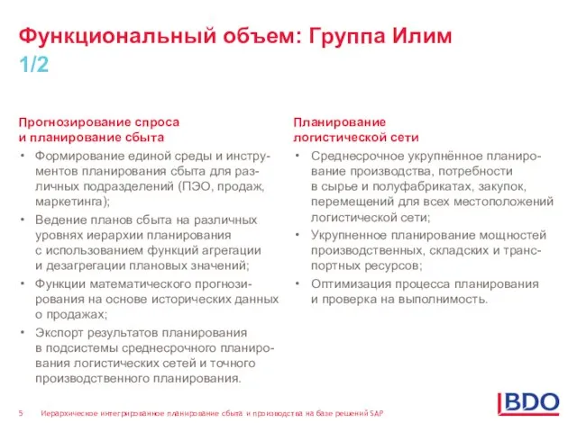 Функциональный объем: Группа Илим 1/2 Прогнозирование спроса и планирование сбыта Формирование единой